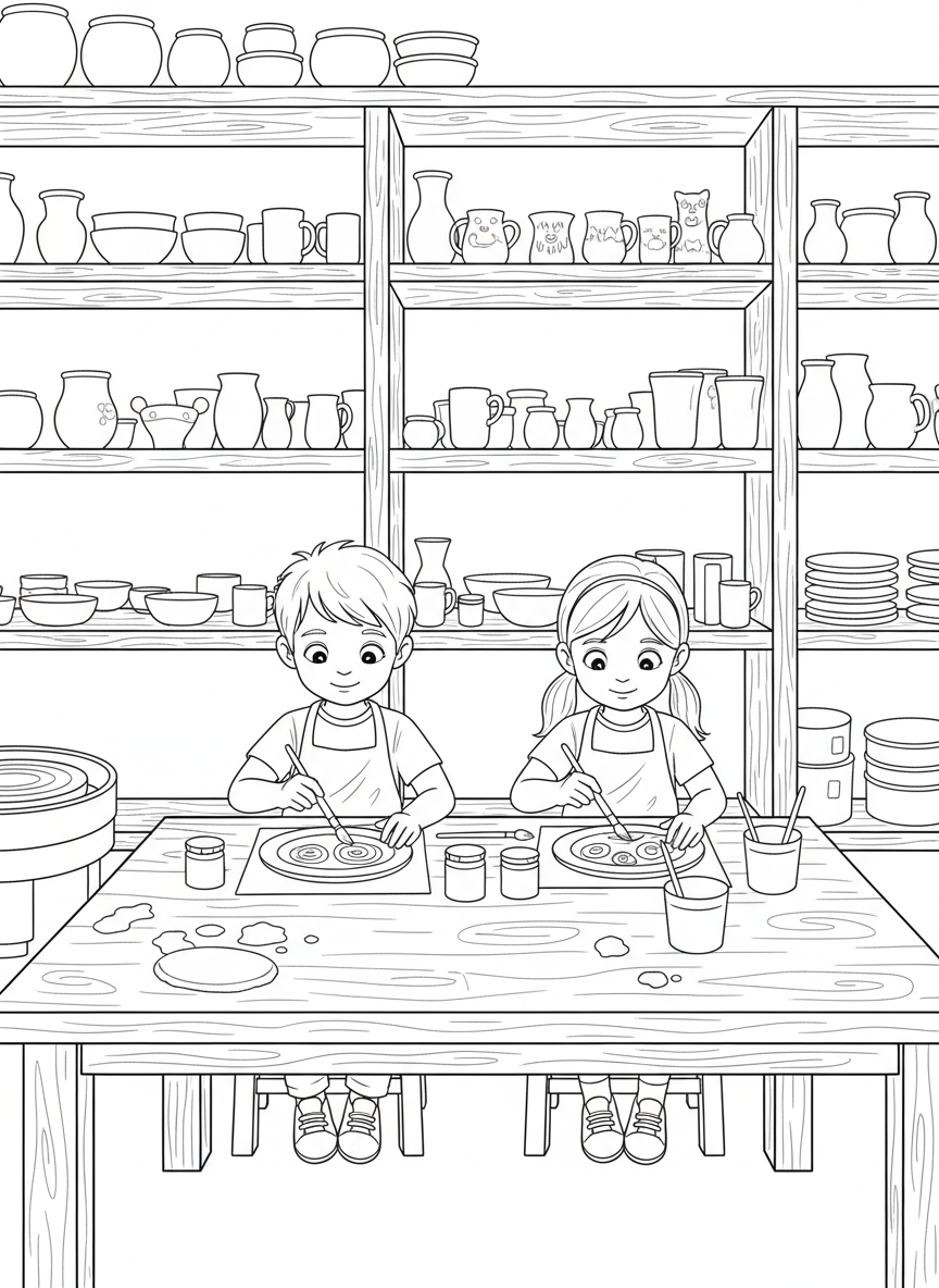 Two kids sitting at a pottery studio table painting ceramic plates together, with shelves of unpainted pottery pieces in the background.