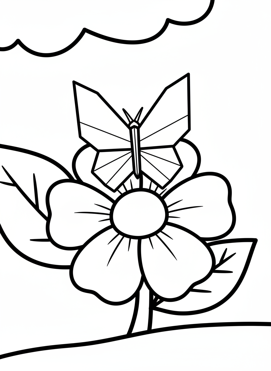 A simple origami butterfly with geometric folded wings resting on a flower, clear angular paper folds visible, easy design for young children