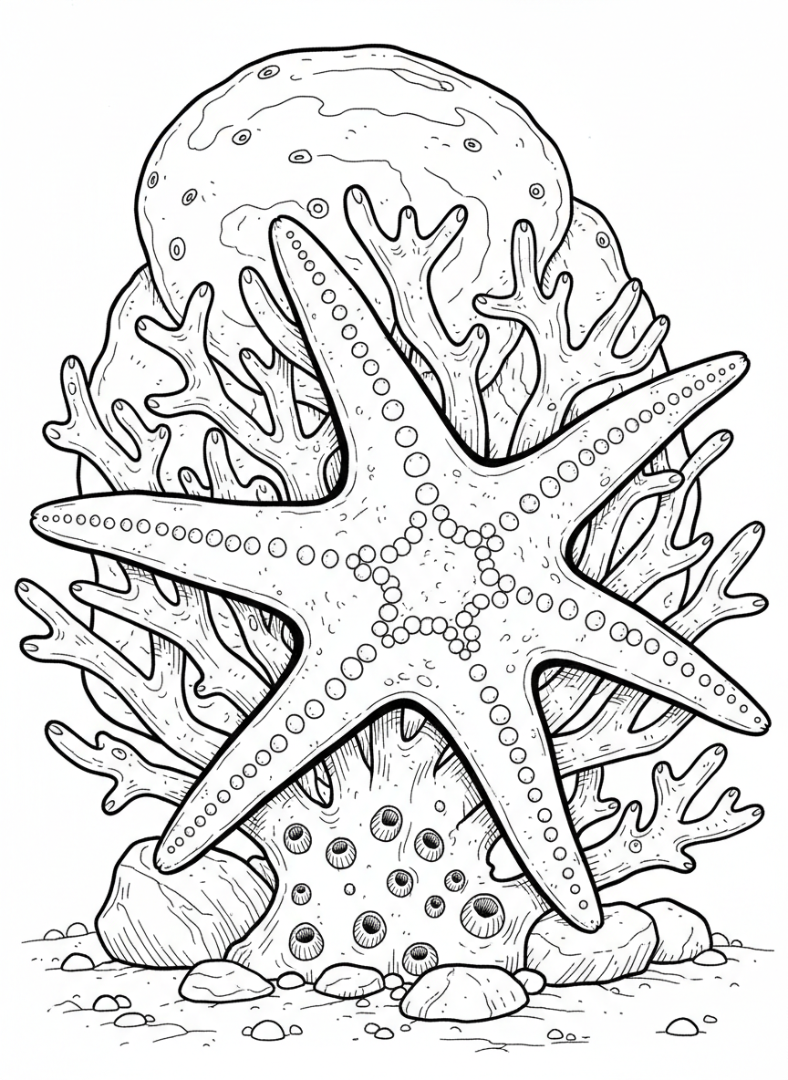 A sunflower starfish with many arms spread out wide, resting on coral formations with tiny barnacles dotting the rocks around it.