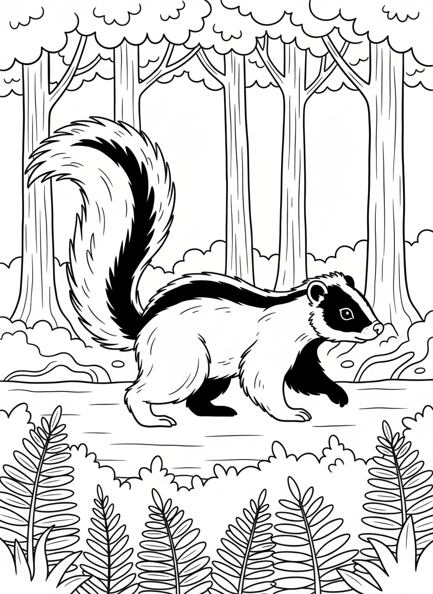 A skunk with a fluffy tail walking through a forest path lined with ferns, clear outlines