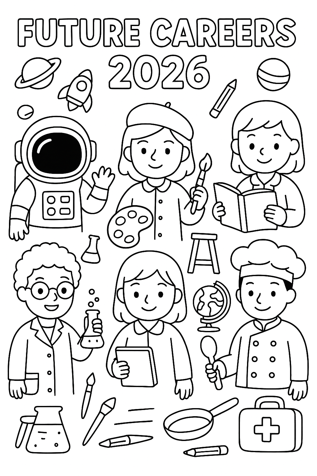 Future careers 2026 coloring: astronaut, scientist, artist, teacher, chef, doctor, various profession characters, tools of trades, thick line art, career exploration page