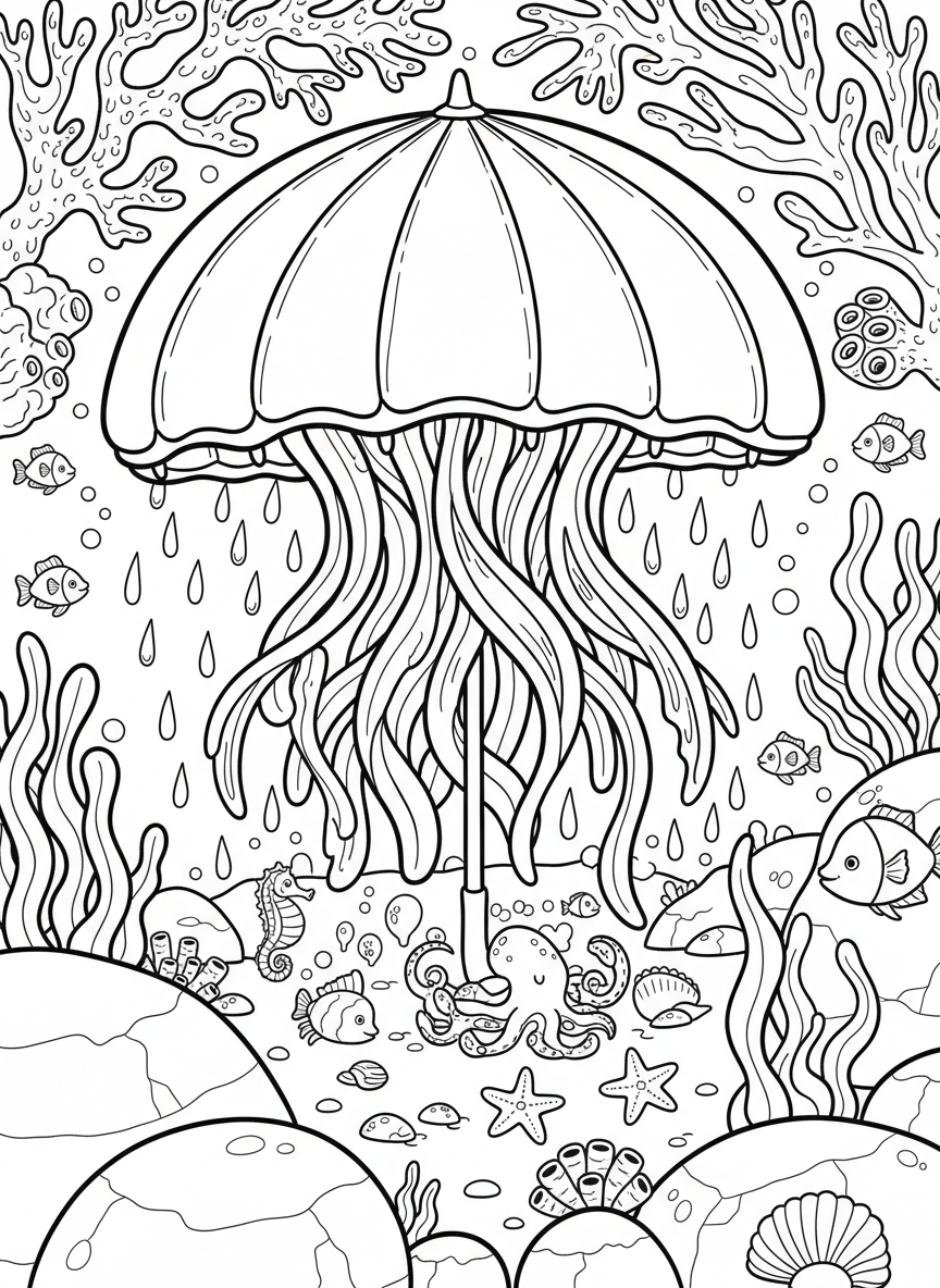 Jellyfish with a bell shaped like an umbrella protecting smaller sea creatures underneath from imaginary rain, in a whimsical tide pool setting.