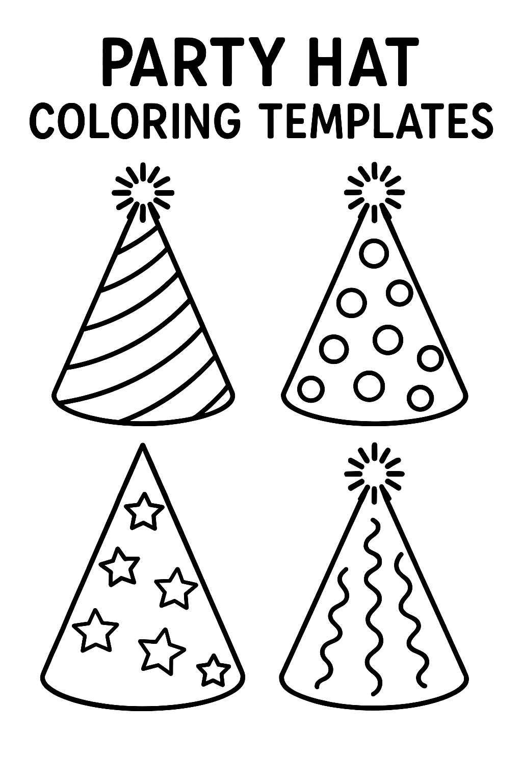 Party hat coloring templates: cone shapes with patterns, stripes, polka dots, stars, streamers, pom-poms on top, various sizes, thick outlines for cutting and coloring