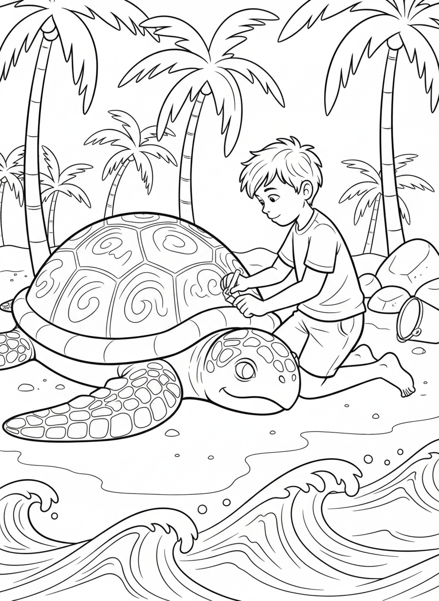 A boy carefully carving details into a large sand turtle sculpture with flippers and a patterned shell near the water's edge.