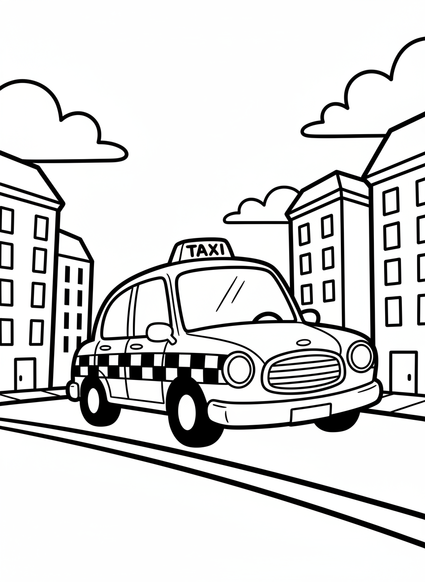 A friendly cartoon-style taxi cab with a checkered pattern on the side, driving through a city street with buildings in background
