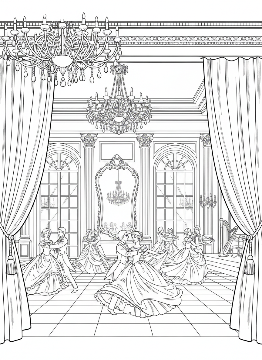 A royal ballroom scene with elegant decorations, long curtains, sparkling chandeliers, and dancers moving across the floor.