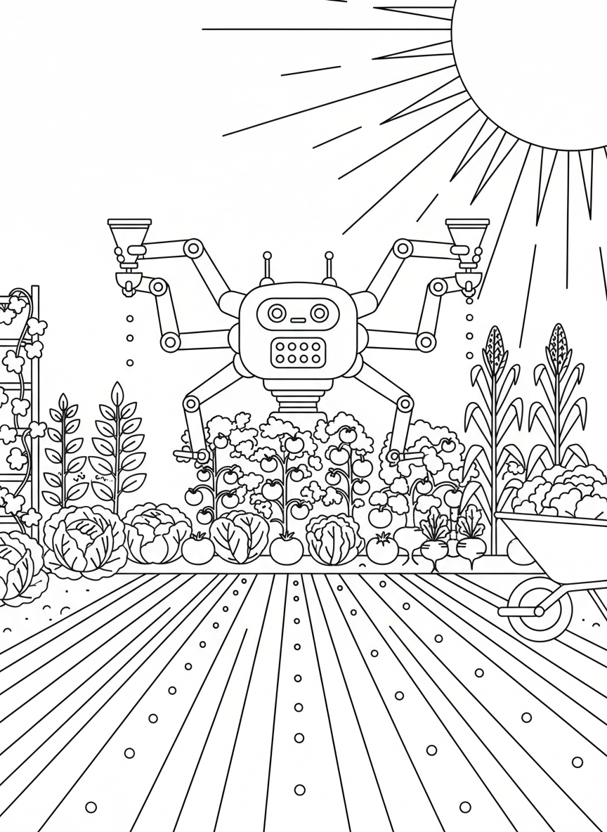 A gardening robot with multiple arms planting seeds in rows, surrounded by vegetables and a sun overhead.
