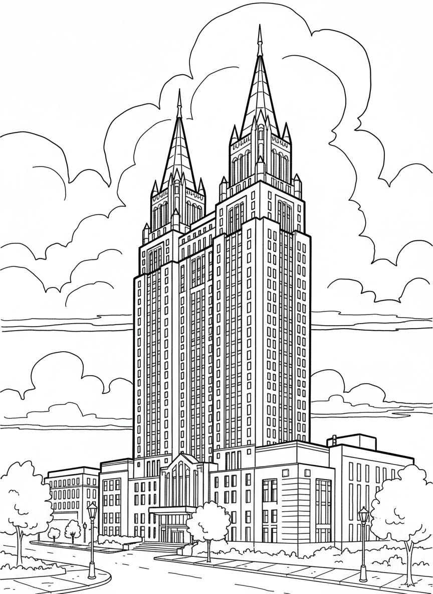 The AT&T Building (Batman Building) with its distinctive twin spires, shown as a simple outline against clouds.