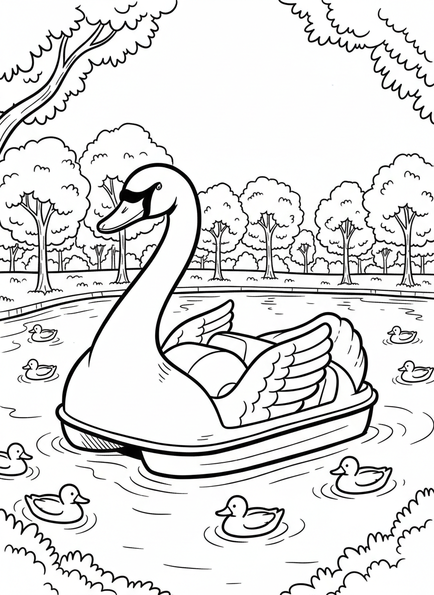 A paddleboat shaped like a swan floating on a calm lake with ducks swimming nearby and trees along the shore