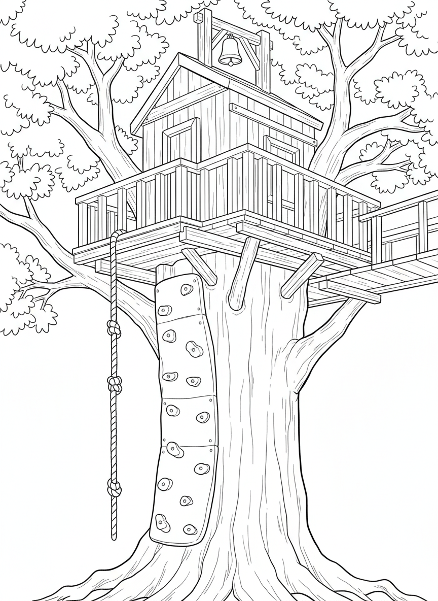 An action-packed treehouse with a climbing wall featuring colorful grips, a knotted rope for climbing, and a bell at the top.