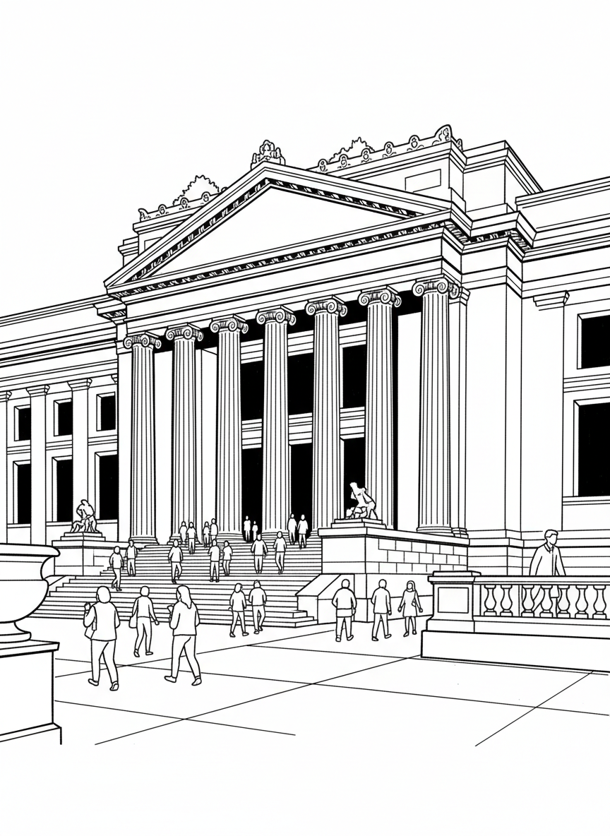 The Metropolitan Museum of Art building with its grand entrance stairs and columns, people walking up the steps, cultural landmark.