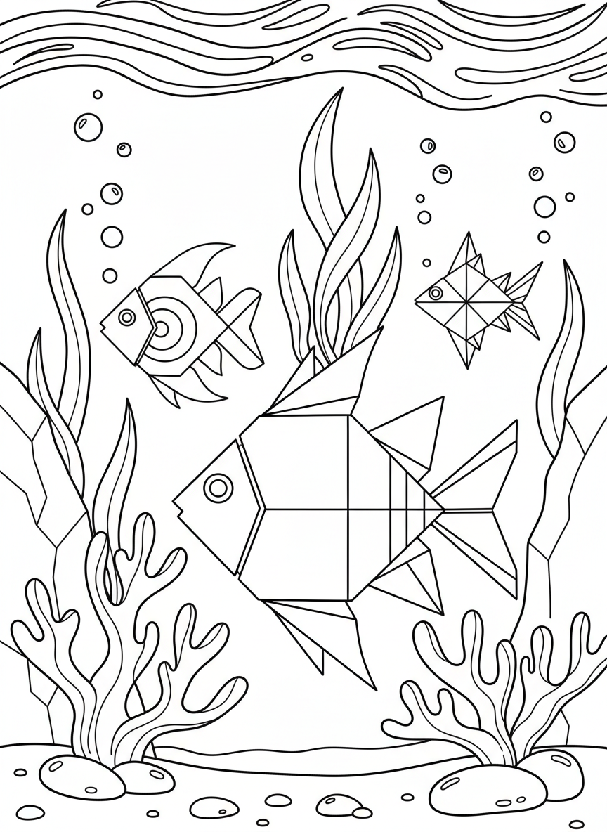 Three origami fish in different sizes swimming in the same direction, showing various fold patterns and fin shapes
