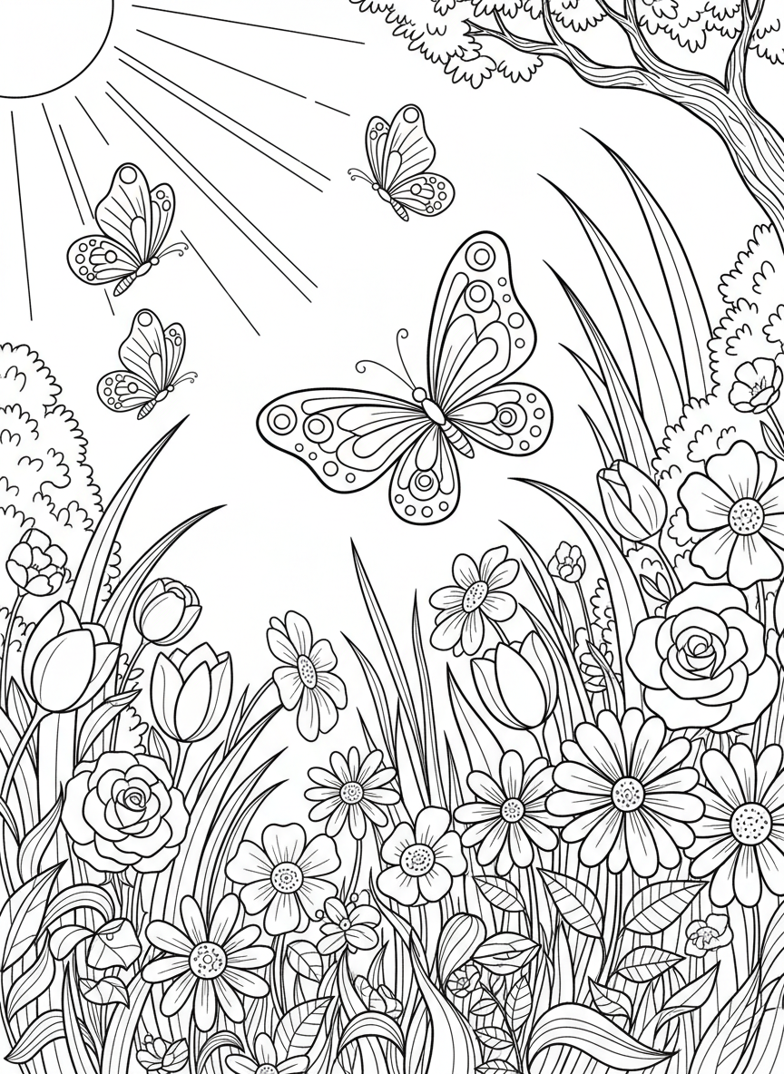 A colorful garden filled with butterflies flying between flowers, tall grass moving in the breeze, and sunlight warming the scene.