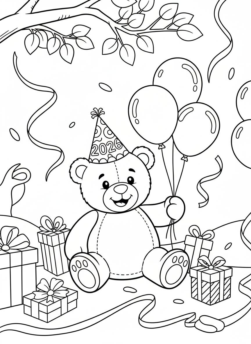 A cheerful teddy bear wearing a '2026' party hat and holding balloons, sitting among wrapped presents and streamers.