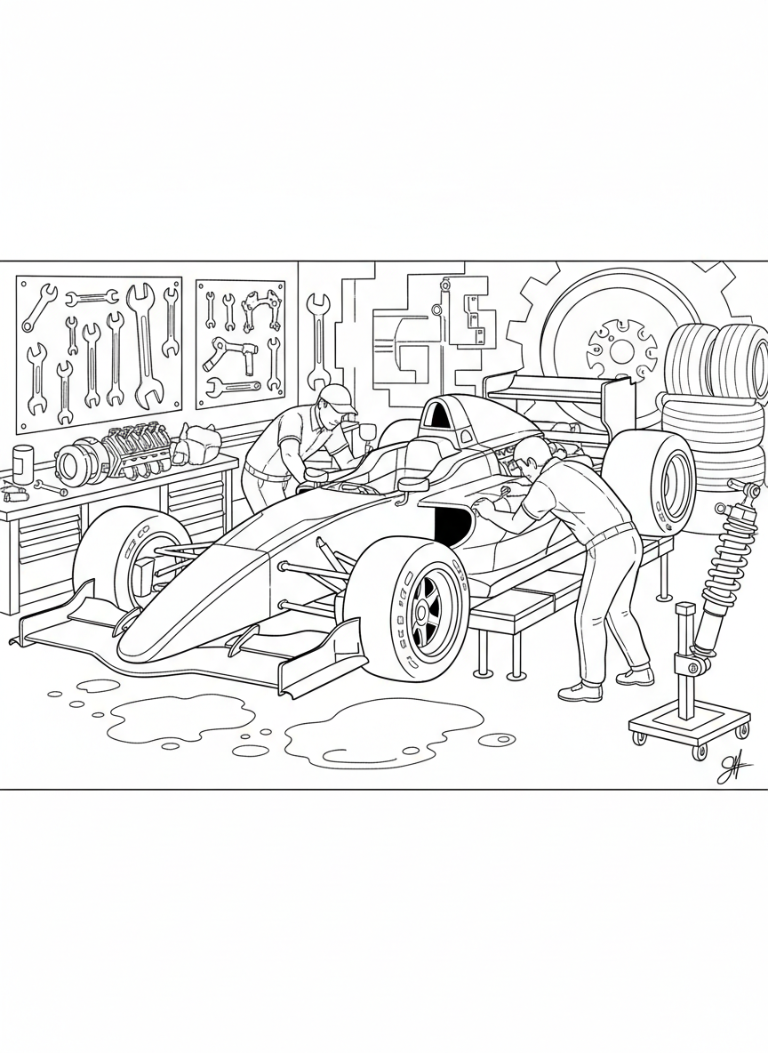 A race car mechanic's garage with tools on the wall, car parts, and a race car being worked on.