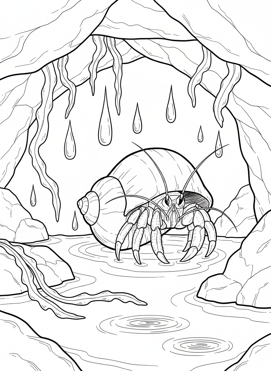 A hermit crab resting inside a tide pool cave surrounded by hanging seaweed and dripping water droplets.
