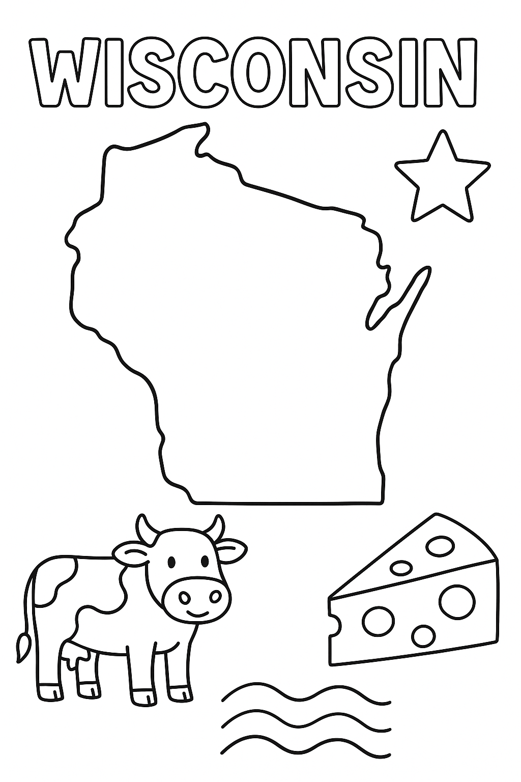 Write “Wisconsin” once at the top in outlined letters. Create a large, centered outline of the state. Add one cow, one cheese wedge, one wave, and one star icon in corners.