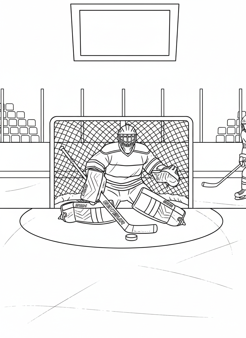 A hockey player blocking a shot, down on one knee with stick extended, protecting the goal area.