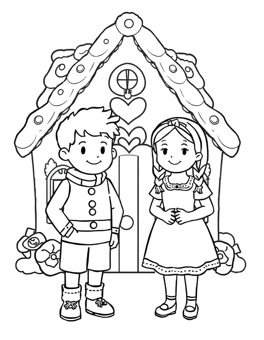 Hansel and Gretel standing in front of a whimsical gingerbread house adorned with candy and frosting details.