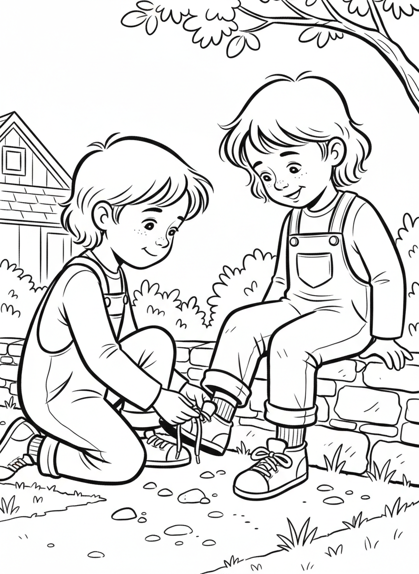 A child helping another child tie their shoe, showing kindness and caring, close-up simple scene.