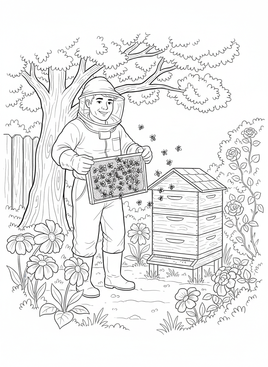 A friendly beekeeper in protective suit and veil holding a wooden frame covered with honeybees, standing next to a beehive in a sunny garden.