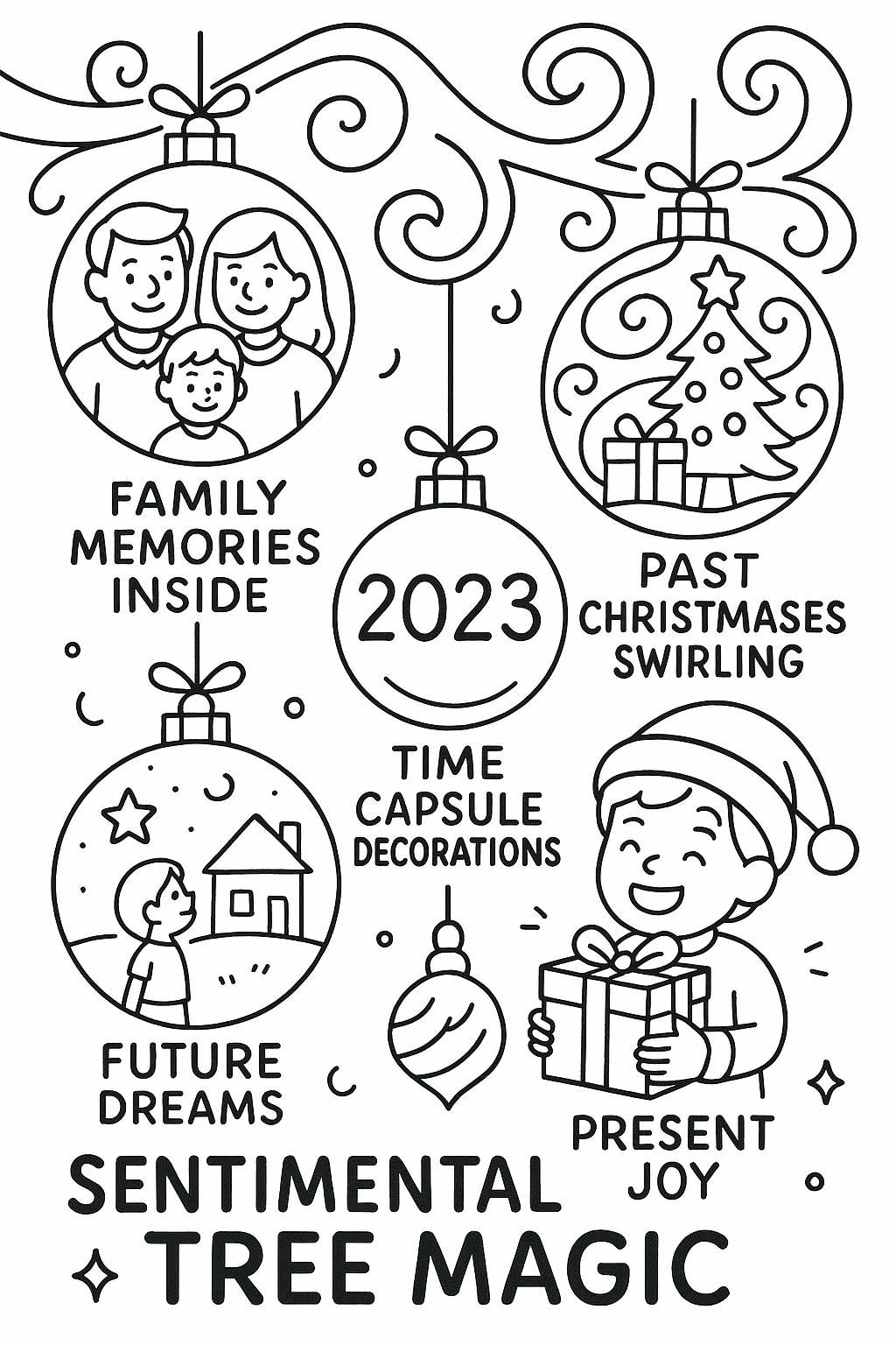 Ornaments showing family memories inside, past Christmases swirling, future dreams, present joy, time capsule decorations, thick line art, sentimental tree magic