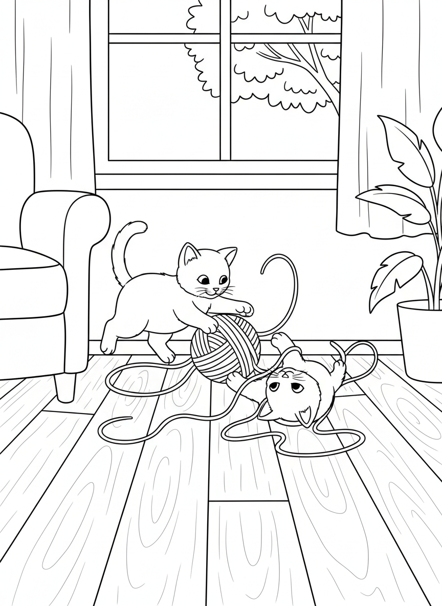 Two kittens playing together with a ball of yarn, showing playful interaction and movement.