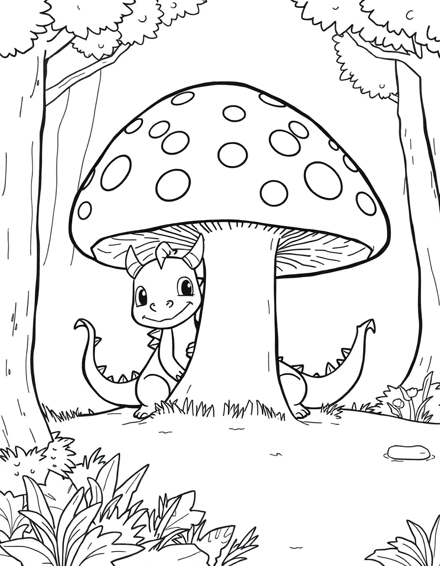 Hide and Seek: Two young, playful dragons playing hide-and-seek in an enchanted forest. One dragon is peeking out from behind a giant, spotted mushroom with a mischievous grin.
