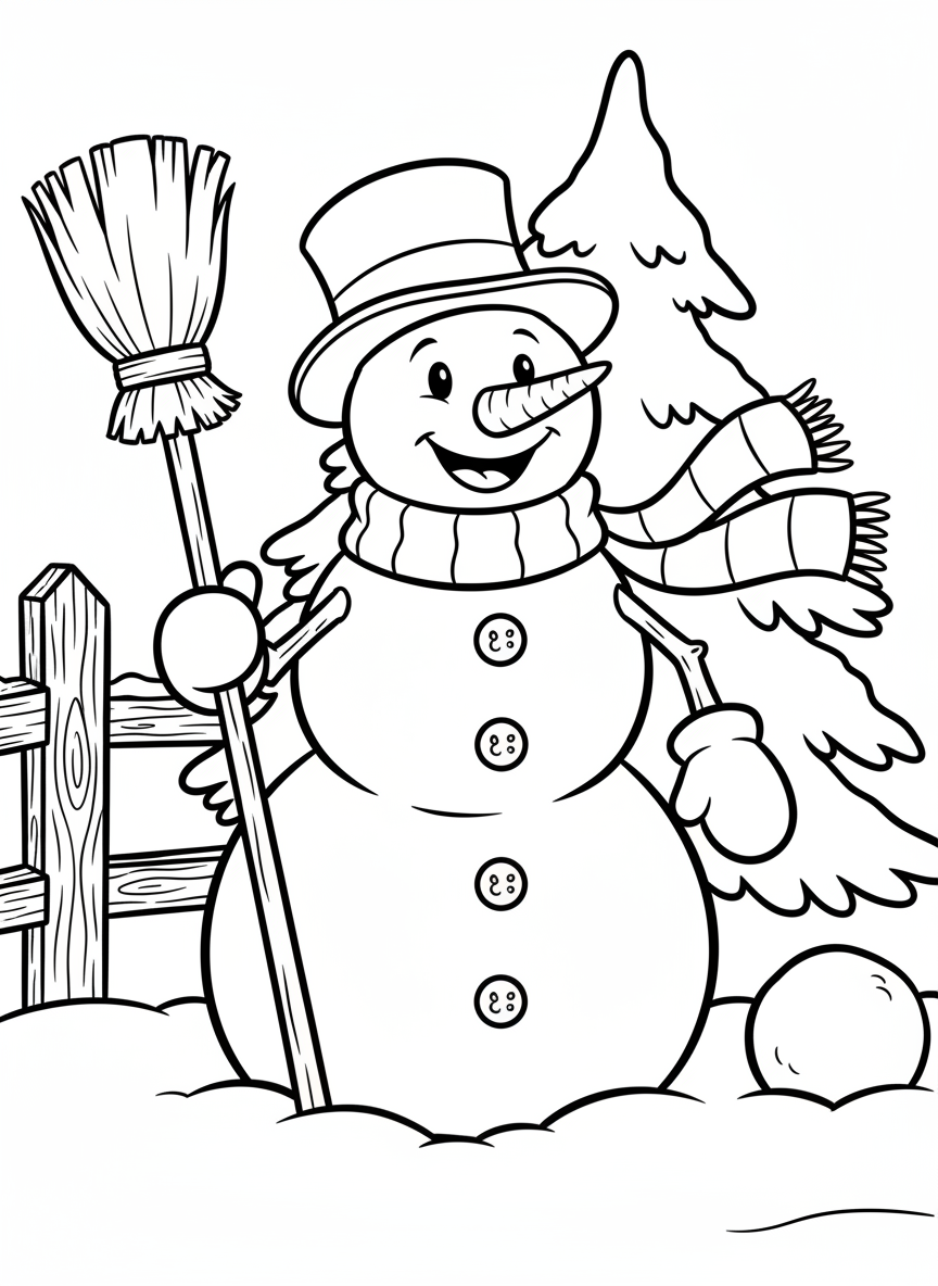 A cheerful snowman wearing a top hat and scarf, holding a broom, with three coal buttons down his front and a carrot nose