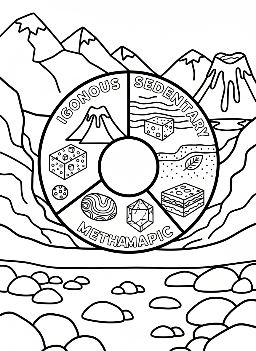 Simple diagram-style illustration showing different rock types: igneous, sedimentary, and metamorphic with example specimens of each.