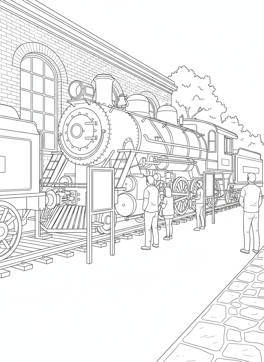 A historic steam locomotive at a train museum, displayed on tracks with informational signs and visitors looking at it.