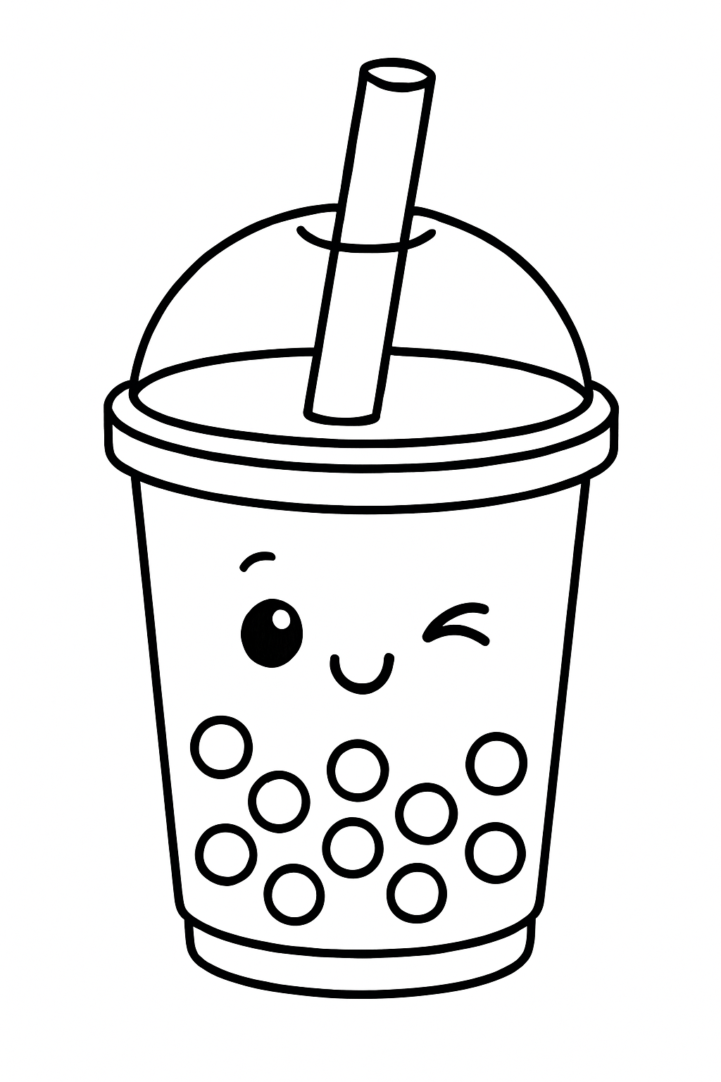 Boba Tea Time: A plastic cup of bubble tea with tapioca pearls visible at the bottom, a wide straw, and a cute winking face on the cup.