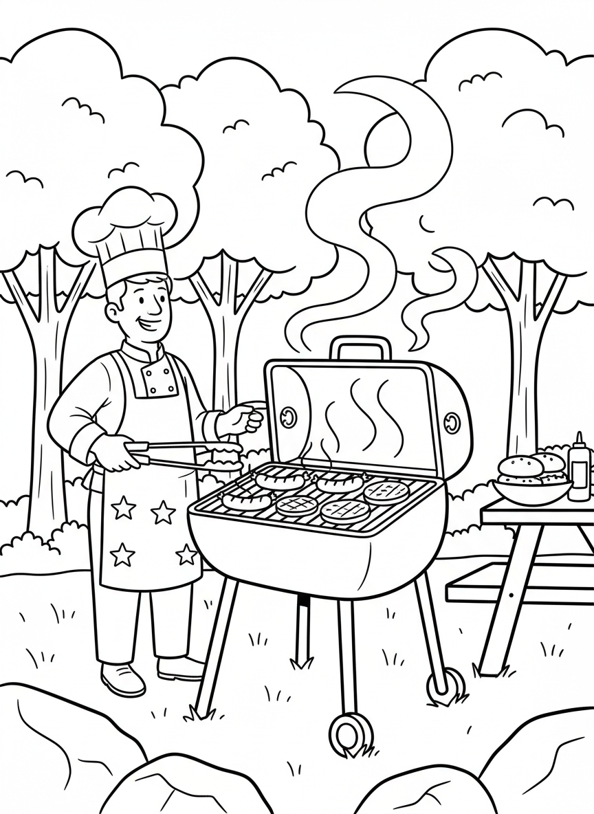 A grill with hot dogs and hamburgers cooking, with a chef wearing an apron decorated with stars.
