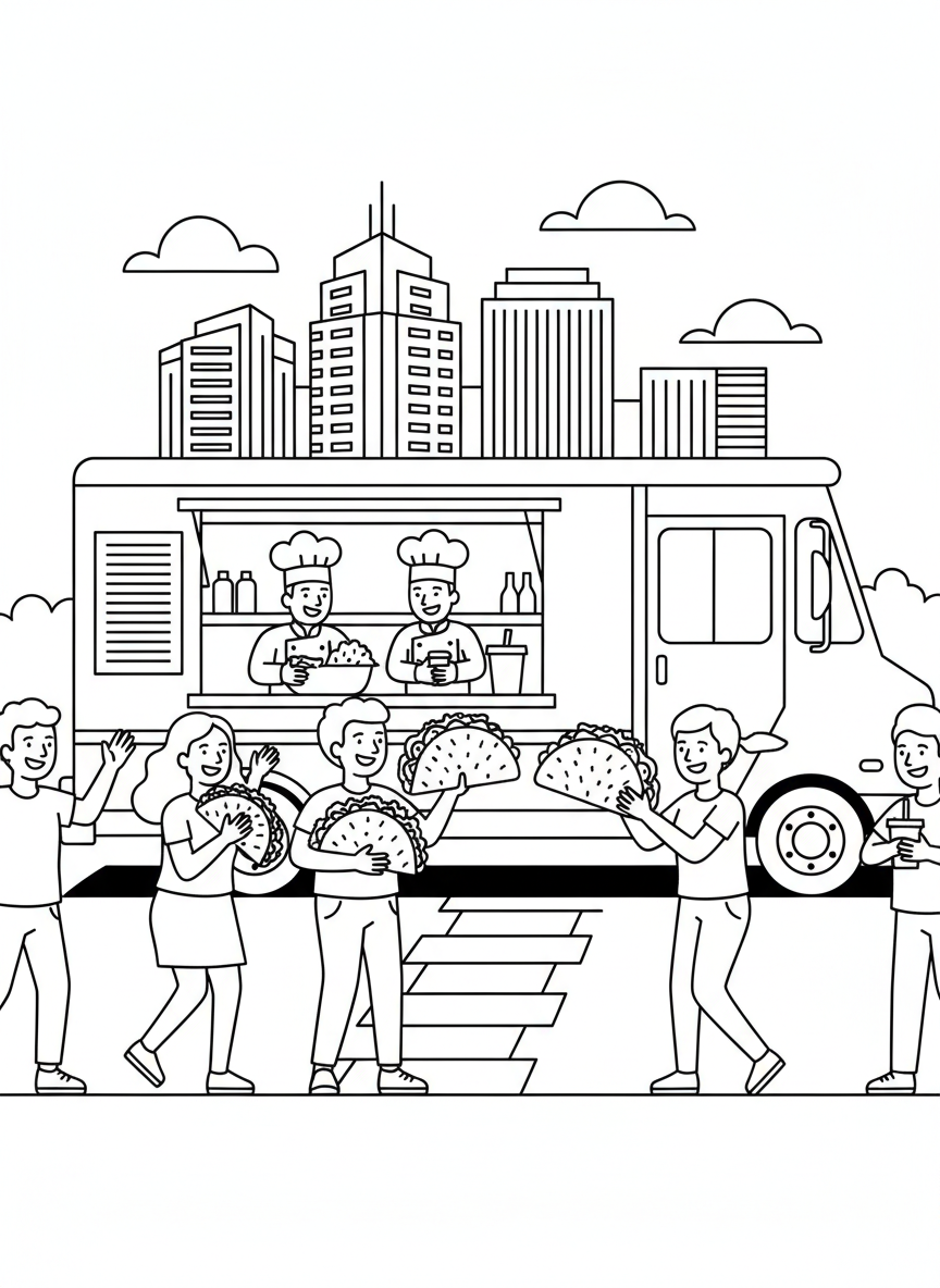 A food truck with tacos and happy customers, Austin city buildings visible in the background, fun and detailed scene