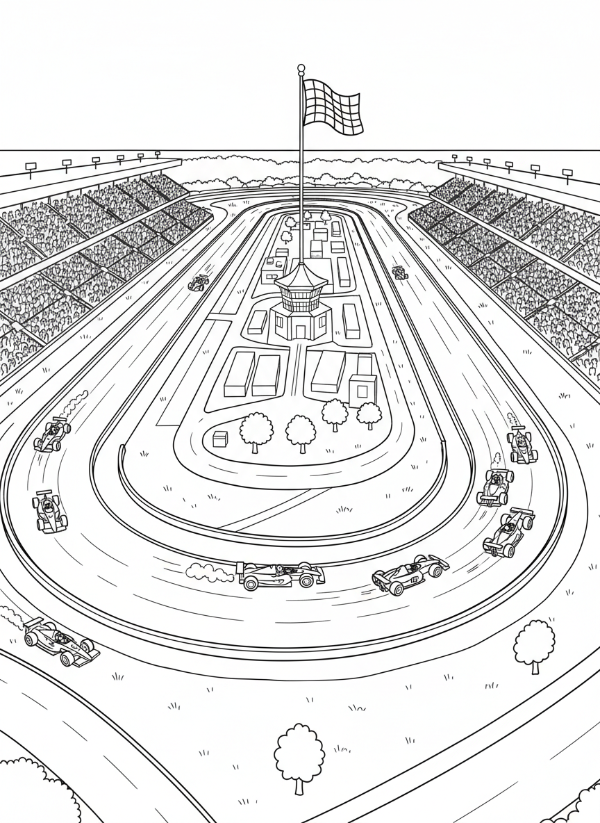 Indy 500 coloring page prompts capturing speed, tradition, roaring engines, packed grandstands, and legendary race moments.	Aerial view of the massive oval track surrounded by thousands of spectators, capturing the scale and spectacle of race day.