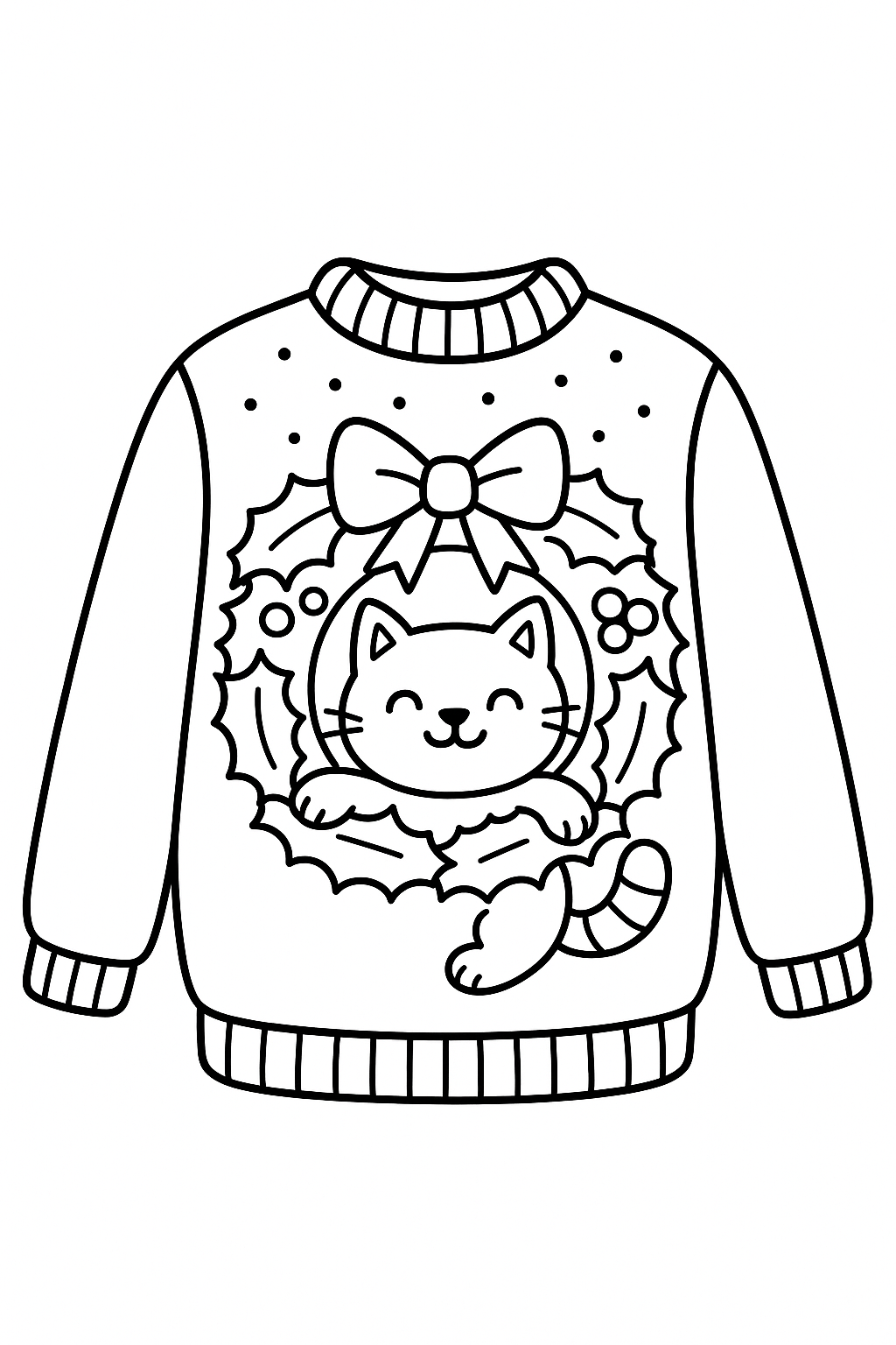 ugly sweaters: Cat-tastrophe: A sweater design showing a cute cat stuck inside a wreath, looking happy.