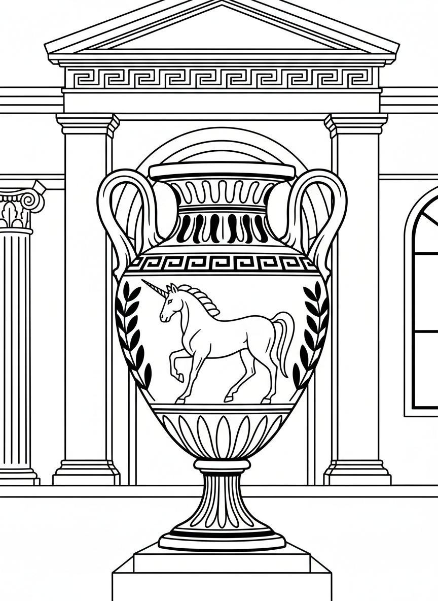 A large unicorn urn with handles, decorated with Greek key patterns and laurel leaves, museum display style