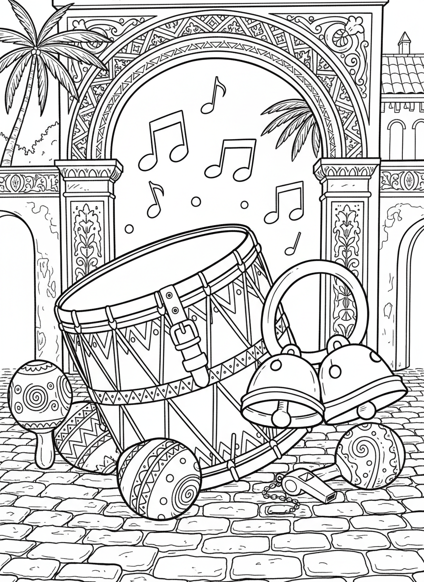 A collection of carnival instruments arranged together: a surdo drum, agogo bells, a whistle, and decorated shakers with musical notes floating around.