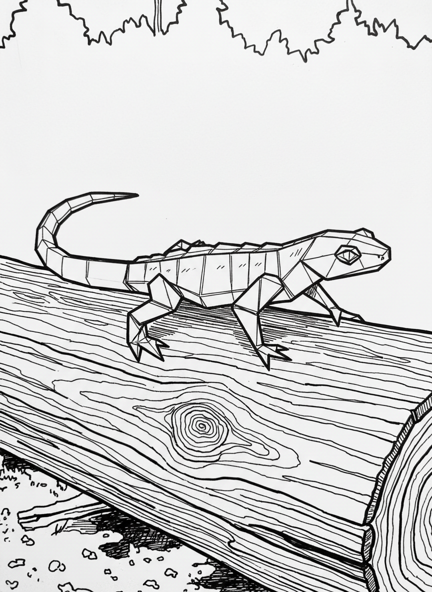 An origami salamander with a long segmented tail and four angular legs, crawling on a log with wood grain lines