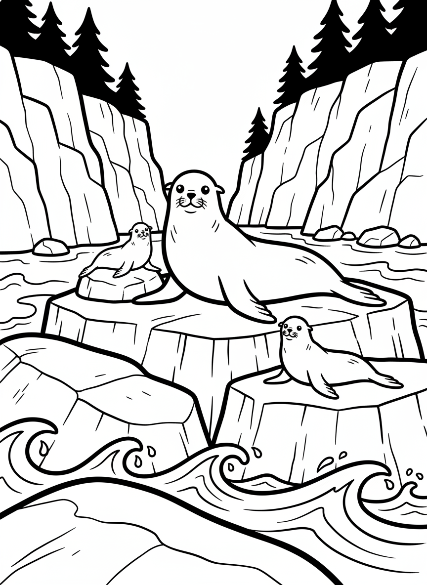 A sea lion family with parent and two pups resting on tiered rocks at different heights, coastal scene.