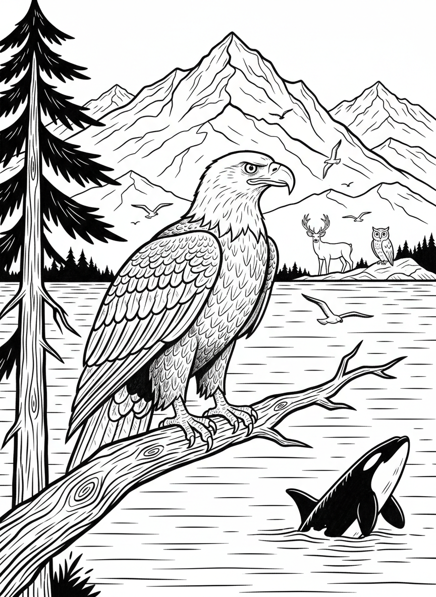 A bald eagle perched on a branch overlooking Puget Sound with mountains in the distance, majestic Pacific Northwest wildlife.