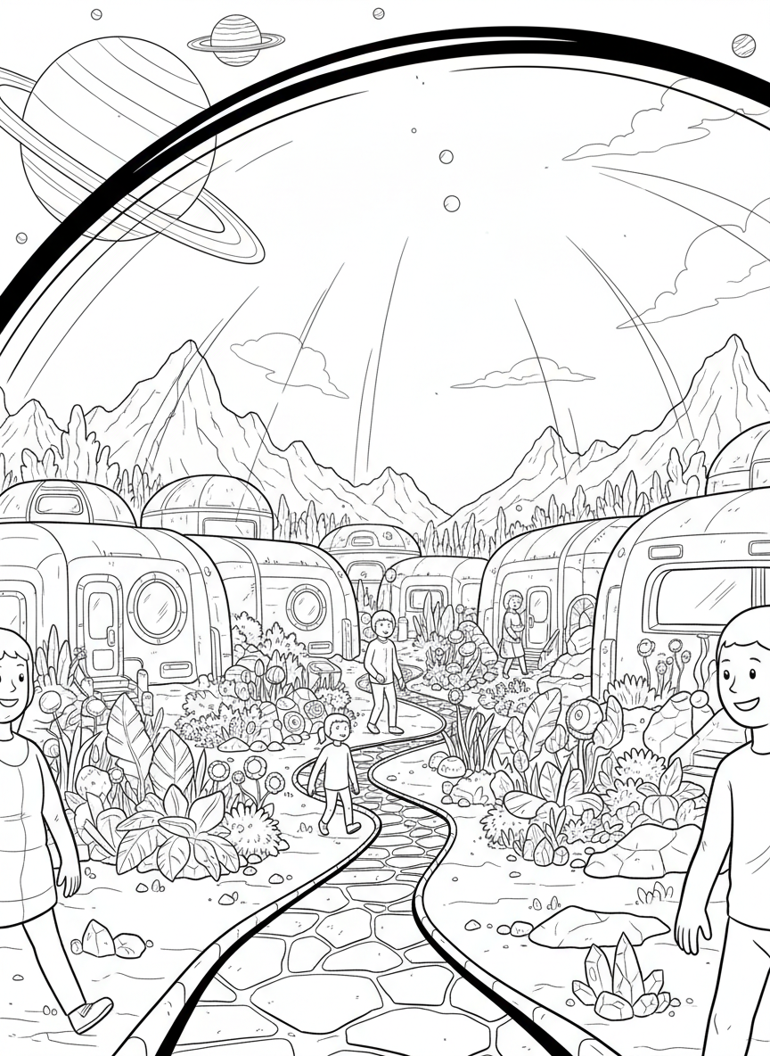 A cozy space colony under a protective dome on an alien planet with gardens, buildings, and friendly inhabitants walking around.