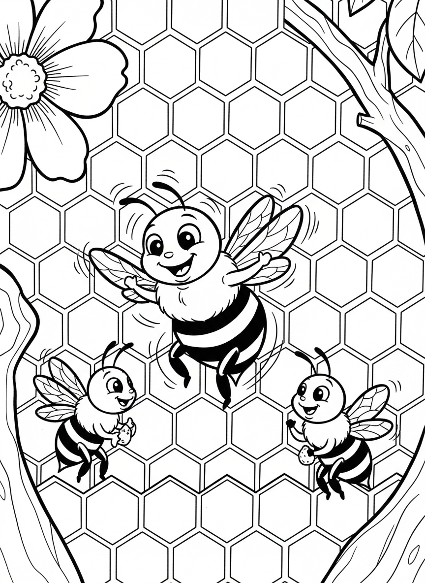 A happy bee doing a waggle dance on honeycomb to communicate with other bees, action pose with movement lines.