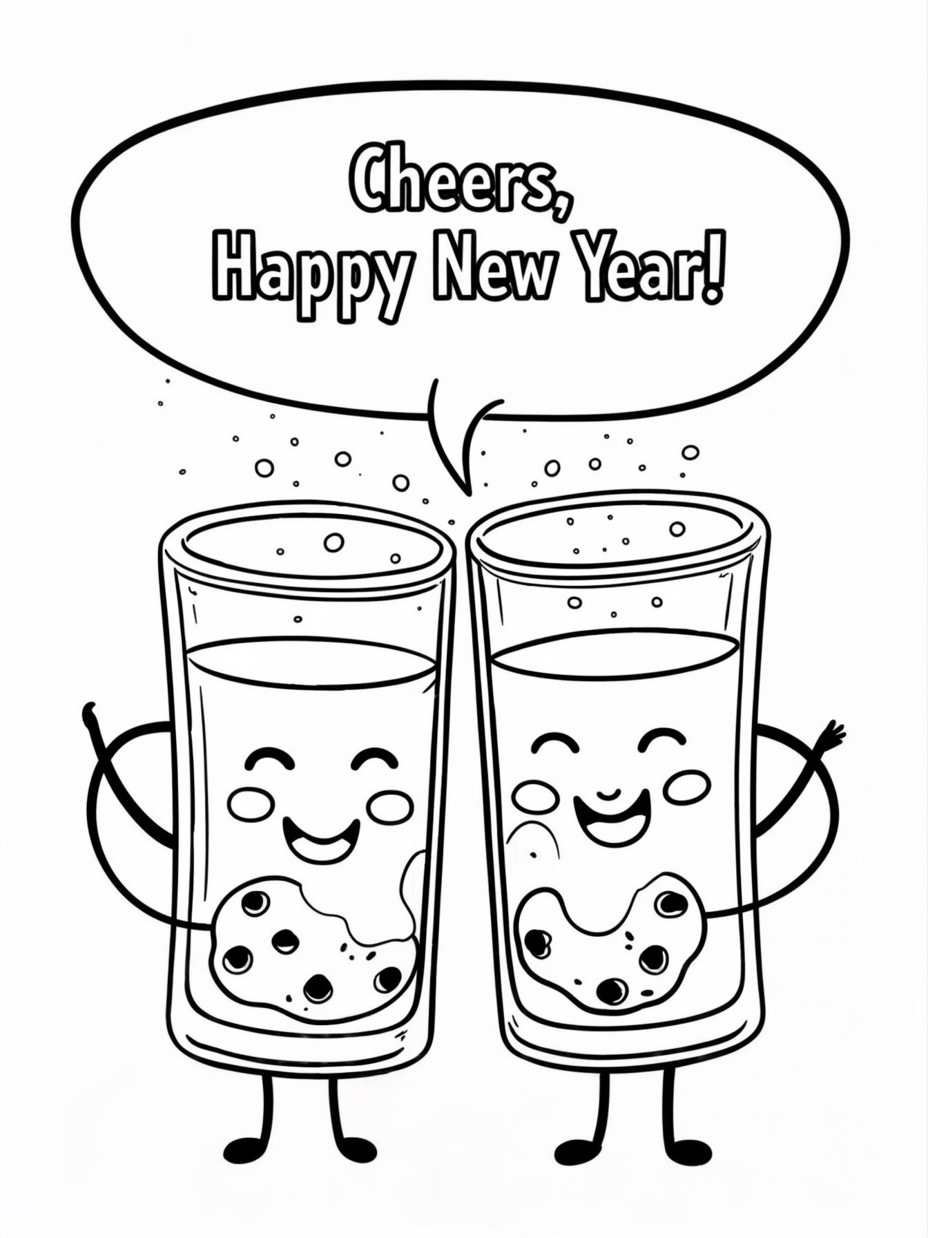 Toast with Milk: Two happy cookies clinking glasses of milk together, with a "Cheers, Happy New Year!" speech bubble above them