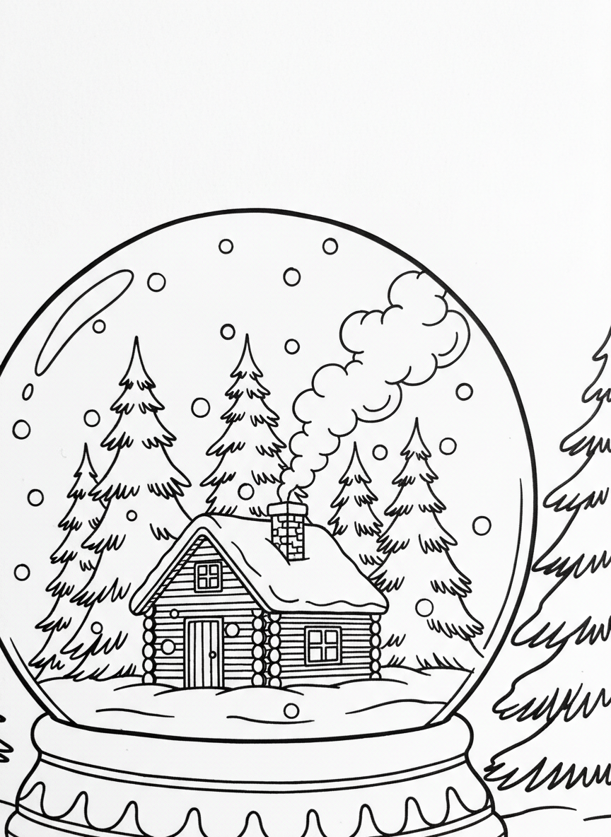 A cozy cabin nestled among pine trees inside a snow globe, with smoke curling from the chimney and snowflakes falling gently around it.