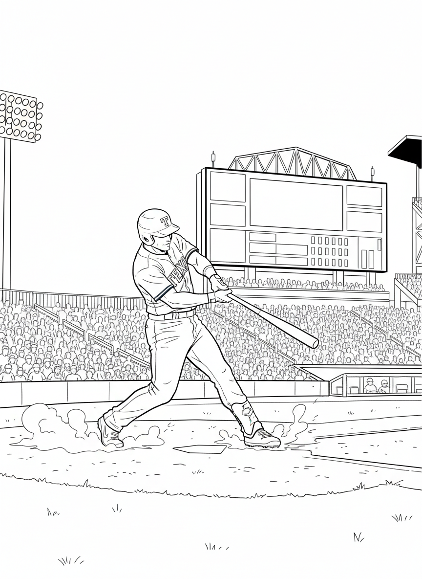 A Texas Rangers baseball player swinging a bat at the ballpark, with stadium seating and scoreboard in the background