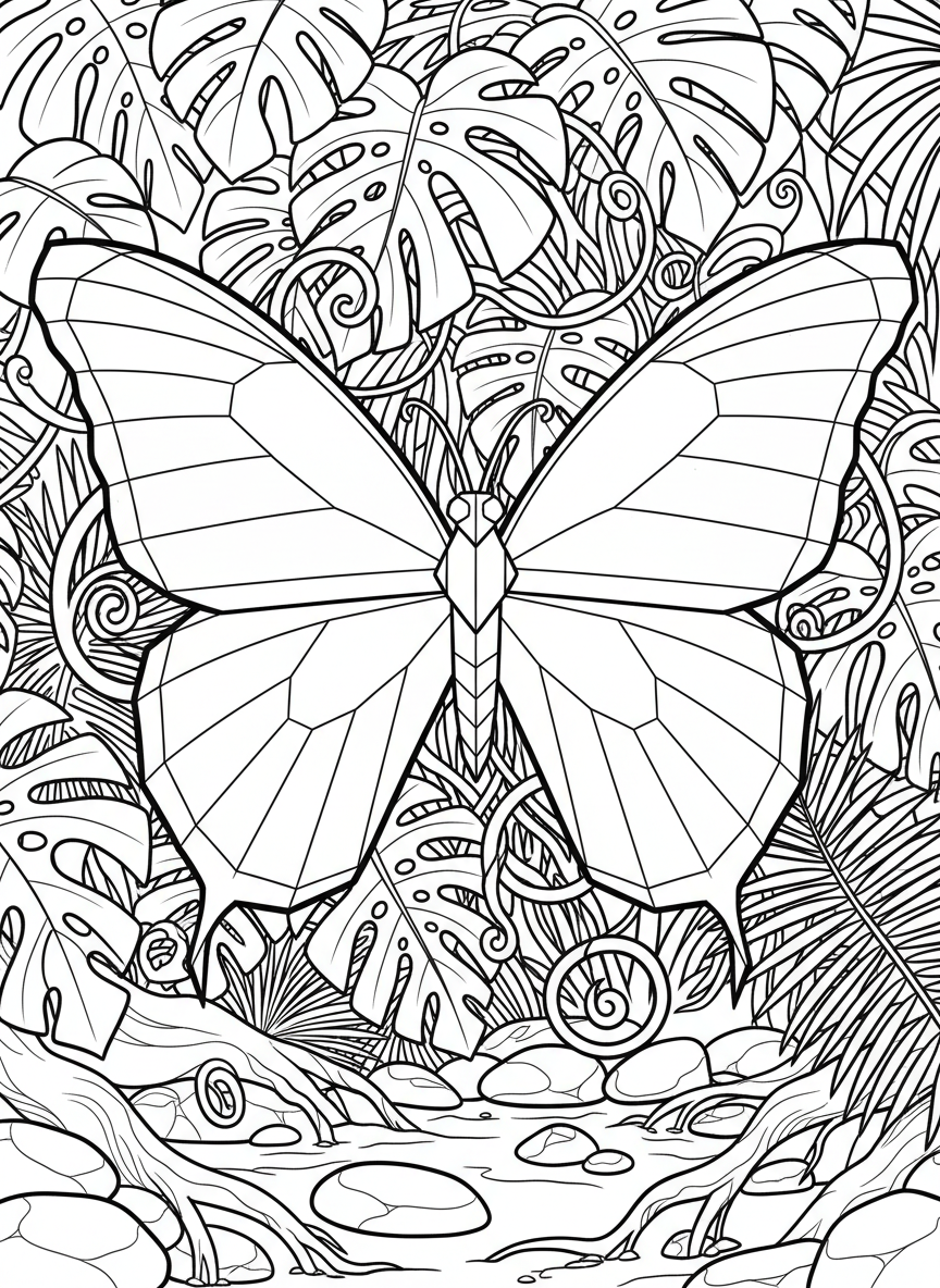 An origami blue morpho butterfly with large rounded wings covered in scale-like geometric shapes, tropical leaves background