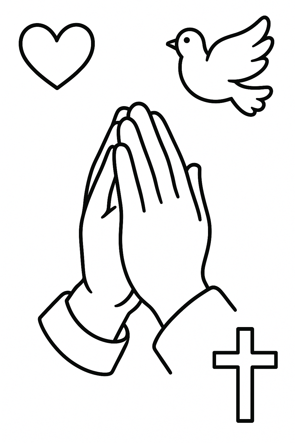 Draw two hands pressed together in prayer. Add a heart, dove, and cross in page corners.