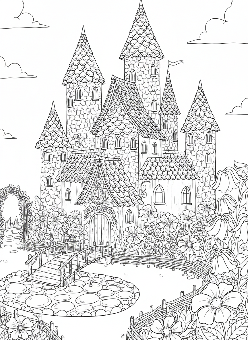 An elaborate fairy castle with turrets made from pinecones, a drawbridge over a pebble moat, and flower gardens surrounding it.