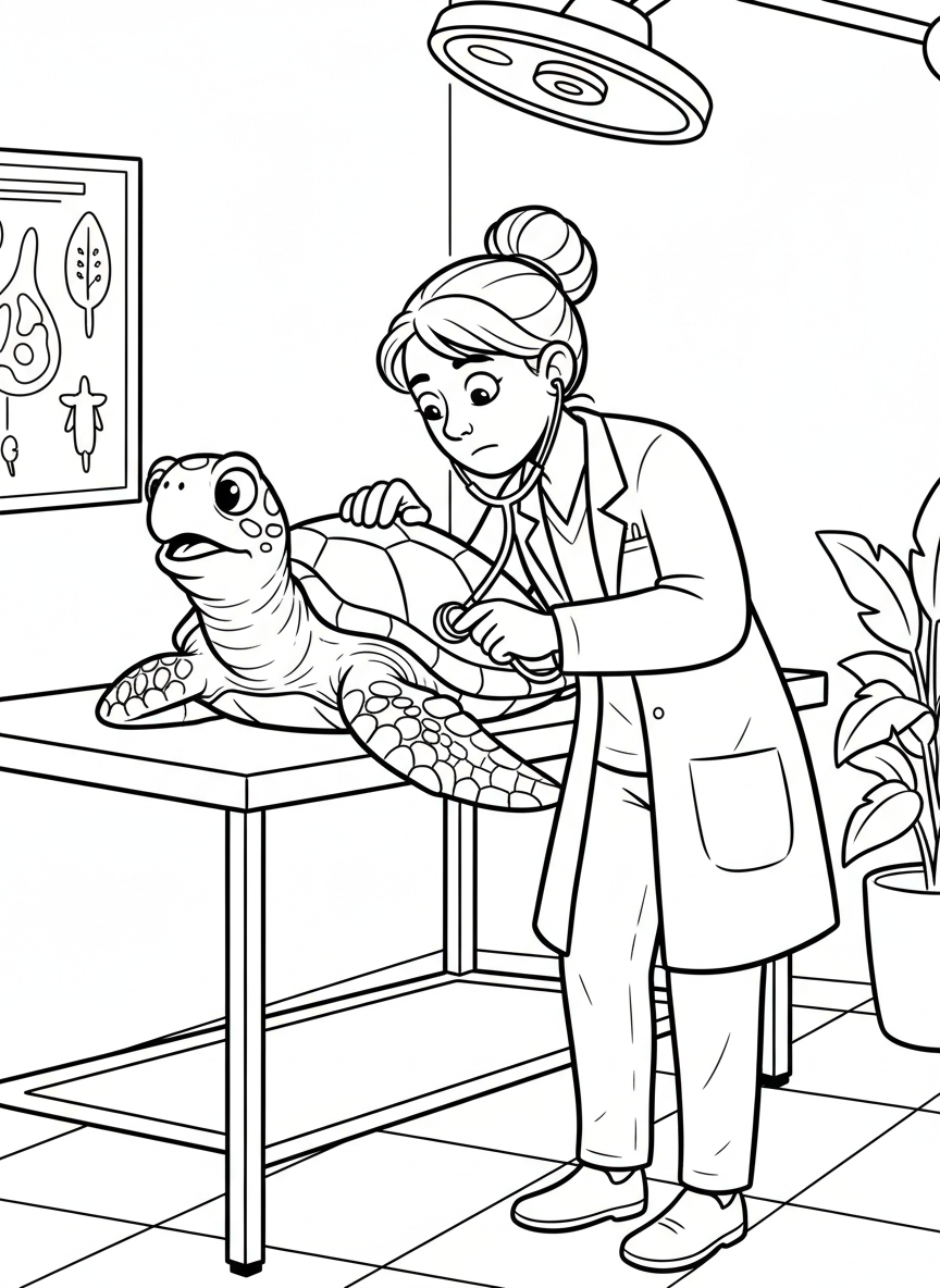 A veterinarian listening to a turtle's heartbeat with a stethoscope, the turtle halfway out of its shell looking curious